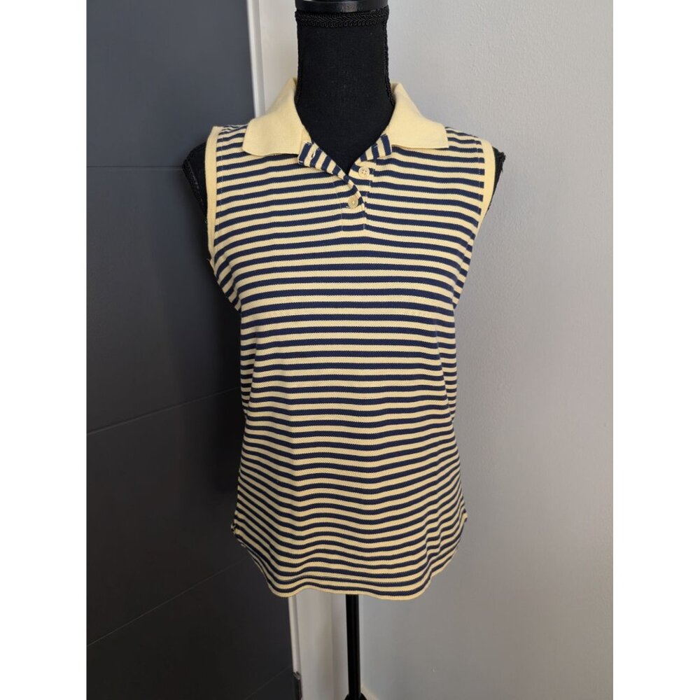 y2k Croft‎ and Barrow Navy and Yellow Striped Sleeveless 100% Cotton Polo - S